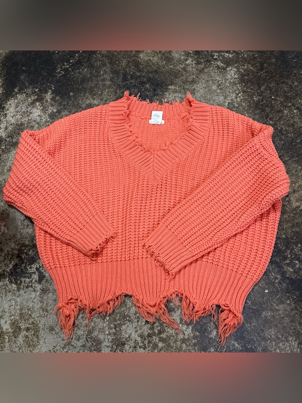 Main Strip Coral Distressed V-Neck Knit Sweater